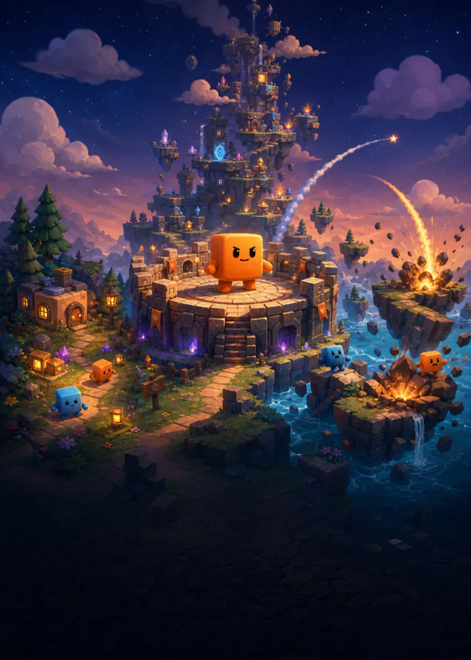 Die verbundene CUBY-Spielewelt mit Arena, RPG-Dorf, Aufstiegsberg und Crossfire-Bruchinseln