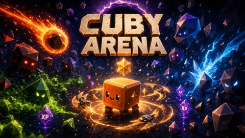 Cuby, ein orangefarbener Würfel in der dunklen Spielarena