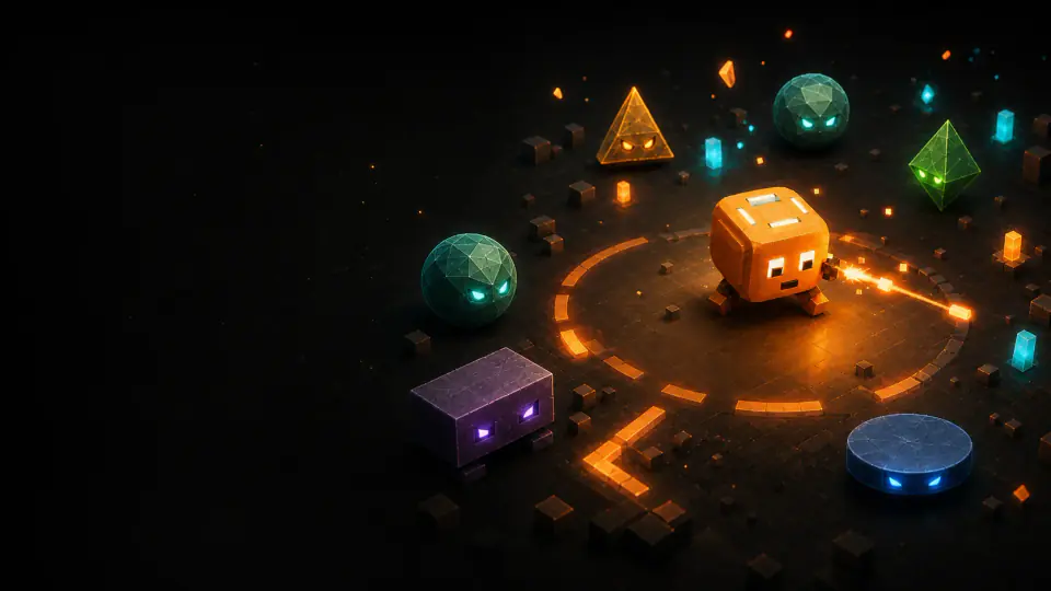 Cuby als orangefarbener Würfel in einer dunklen Arena mit geometrischen Gegnern