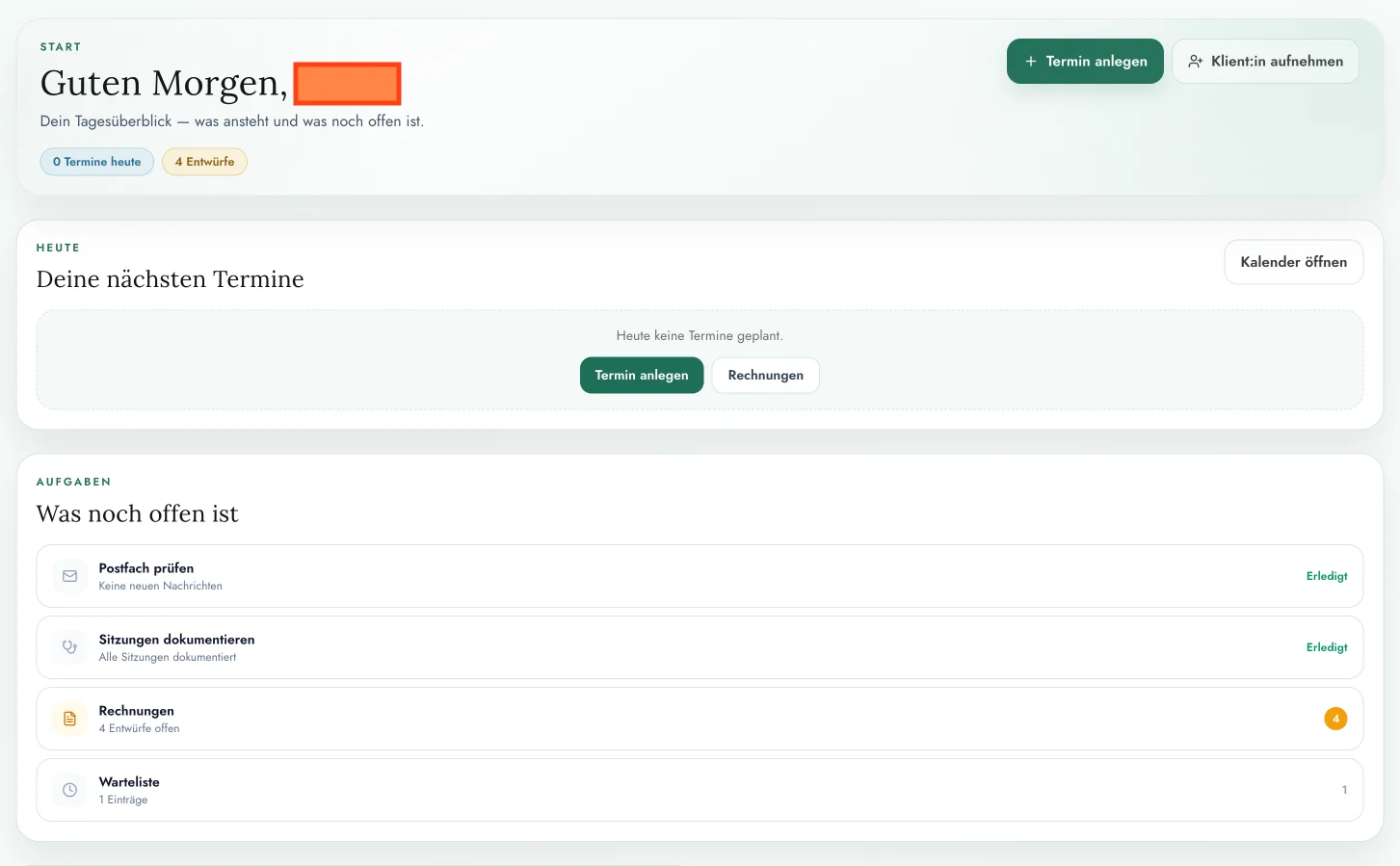 CALIVO Dashboard mit Tagesüberblick, nächsten Terminen und offenen Aufgaben (Postfach, Sitzungsdoku, Rechnungs-Entwürfe, Warteliste).