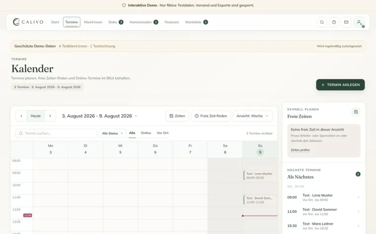 Aktueller CALIVO Demo-Kalender mit Wochenansicht, fiktiven Terminen, Filtern und Suche nach freien Zeiten.