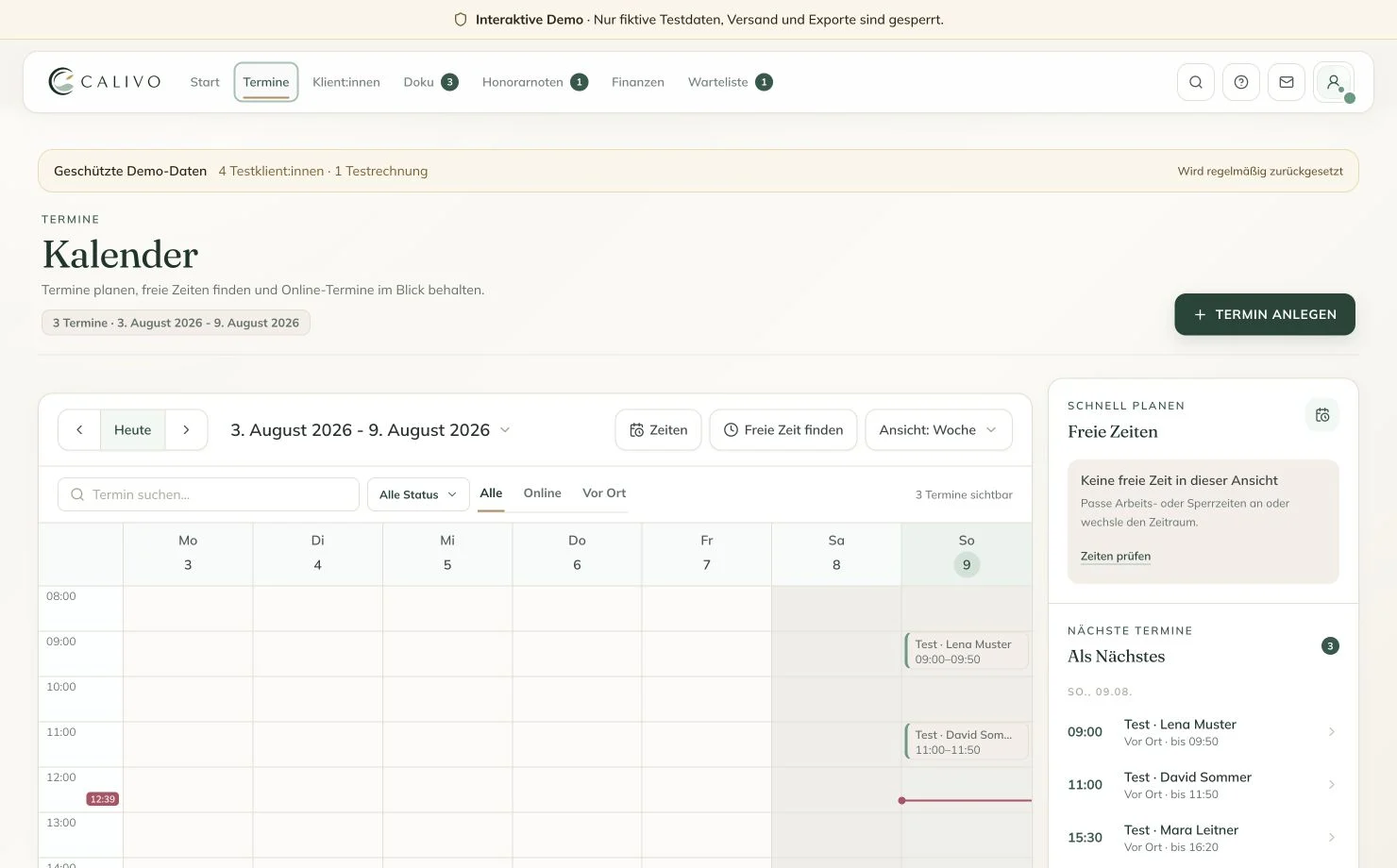 CALIVO Wochenkalender mit erfundenen Demoterminen