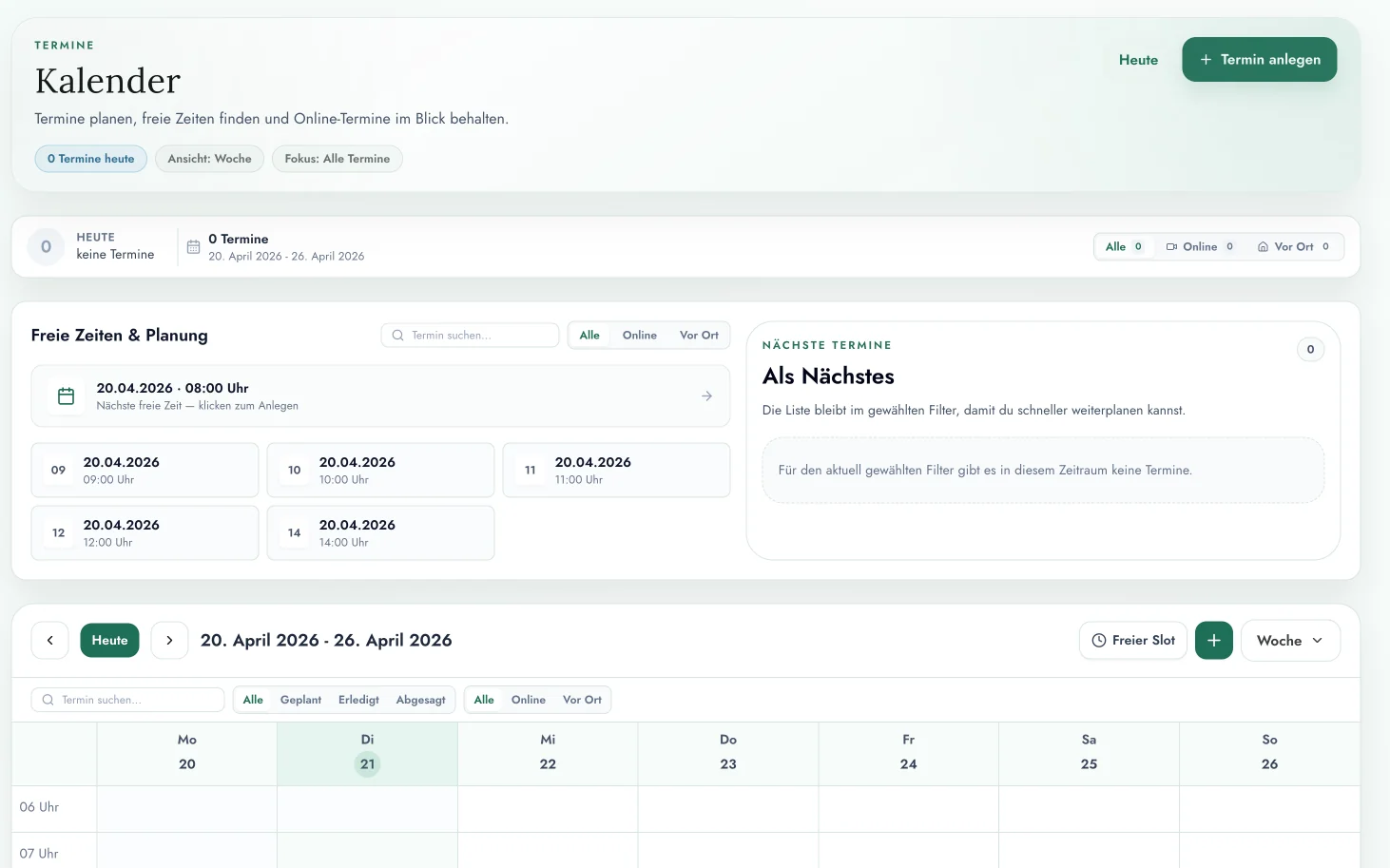 CALIVO Kalender-Ansicht mit Wochenplan, Filter für Online-/Vor-Ort-Termine und Liste der nächsten freien Slots.