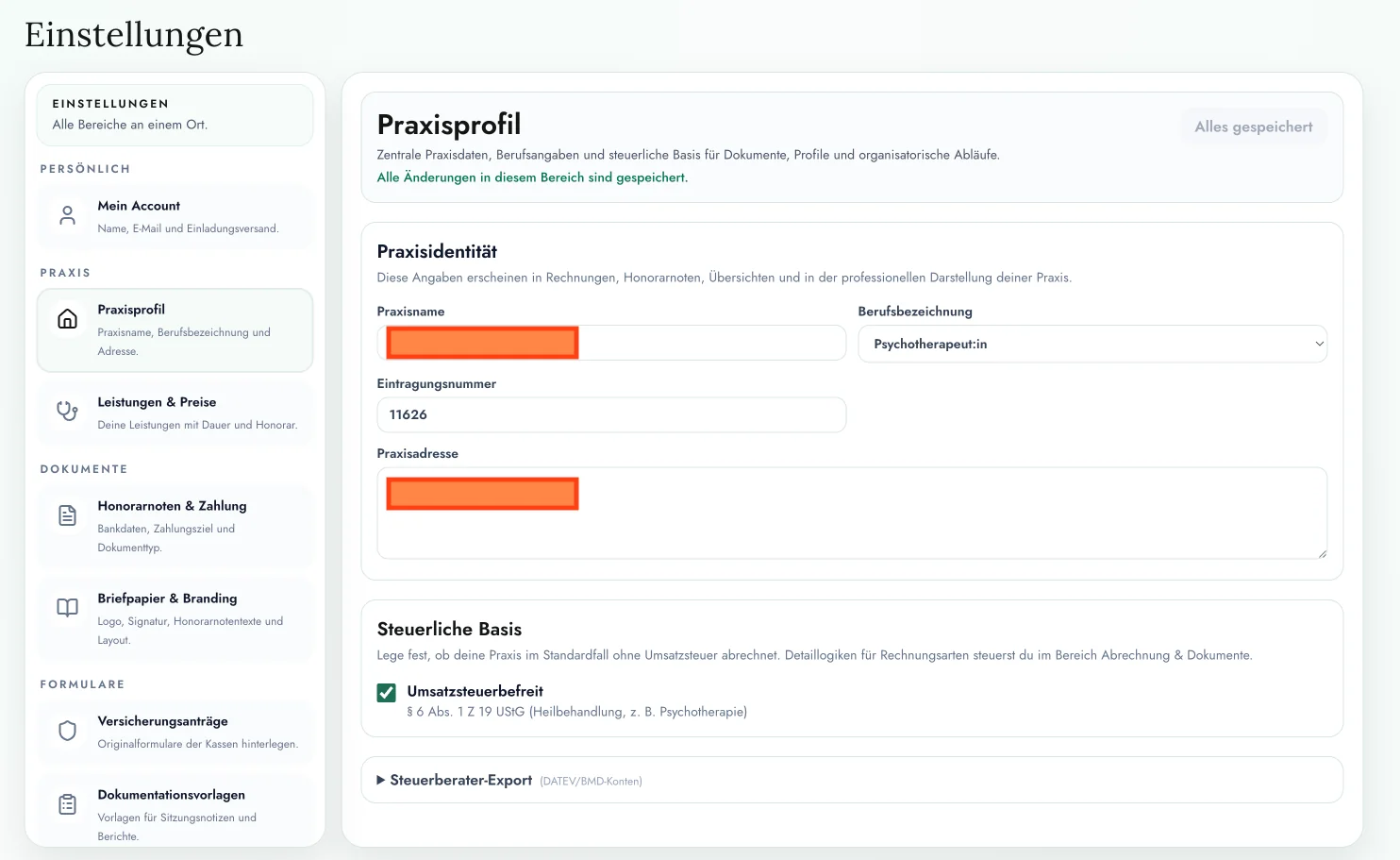 CALIVO Einstellungen mit Praxisprofil, Berufsbezeichnung, Eintragungsnummer und Schalter für Umsatzsteuer-Befreiung nach §6 Abs 1 Z 19 UStG (Heilbehandlung).