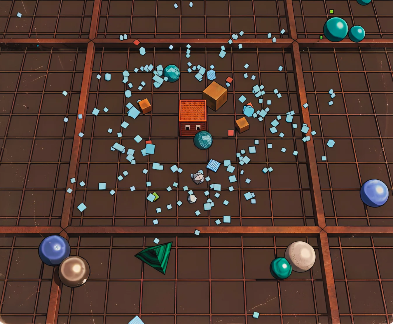 Cuby als orangefarbener Würfel in einer dunklen Arena mit geometrischen Gegnern