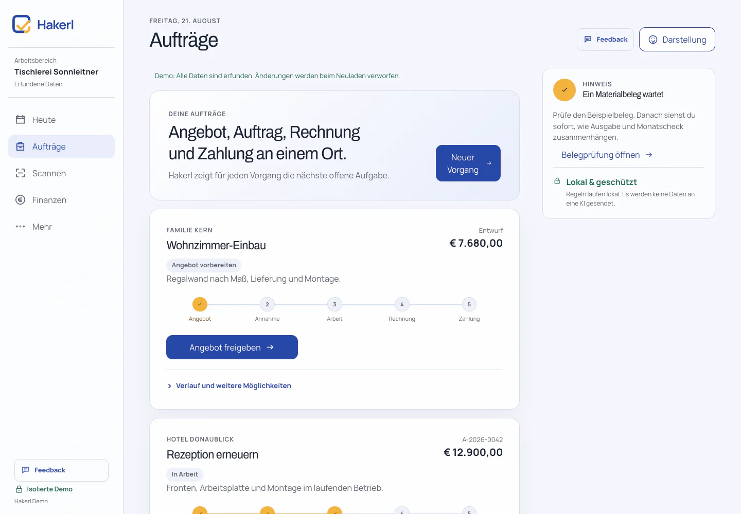 Hakerl Auftragsübersicht mit Angeboten, laufenden Aufträgen und Rechnungsstatus