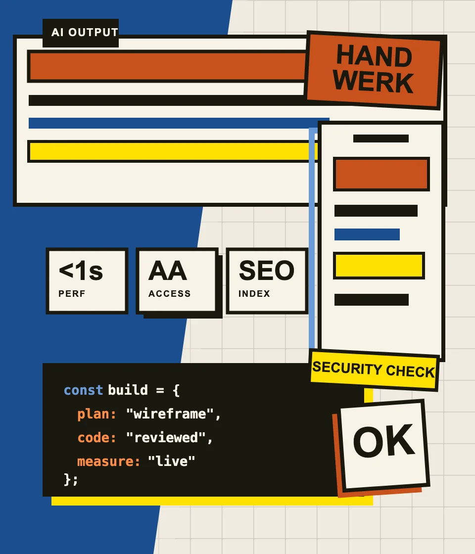 Brutalistische Collage aus KI-Output, Wireframe, Code, Performance, Accessibility, SEO und Security-Check.