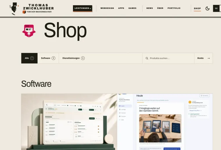 Originalansicht des Zilaro-Shops mit Produktsuche, Kategorien und Produktkarten