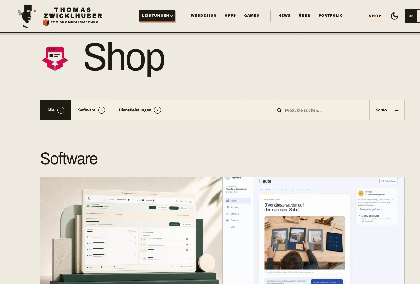 Zilaro Shopseite mit Produktfiltern, Suche, Shopkonto und Produktübersicht