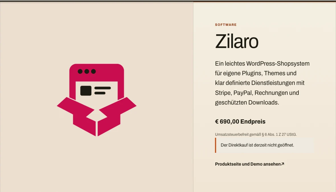 Zilaro Produktseite mit Preis, Leistungsumfang und lokalem Freigabestatus
