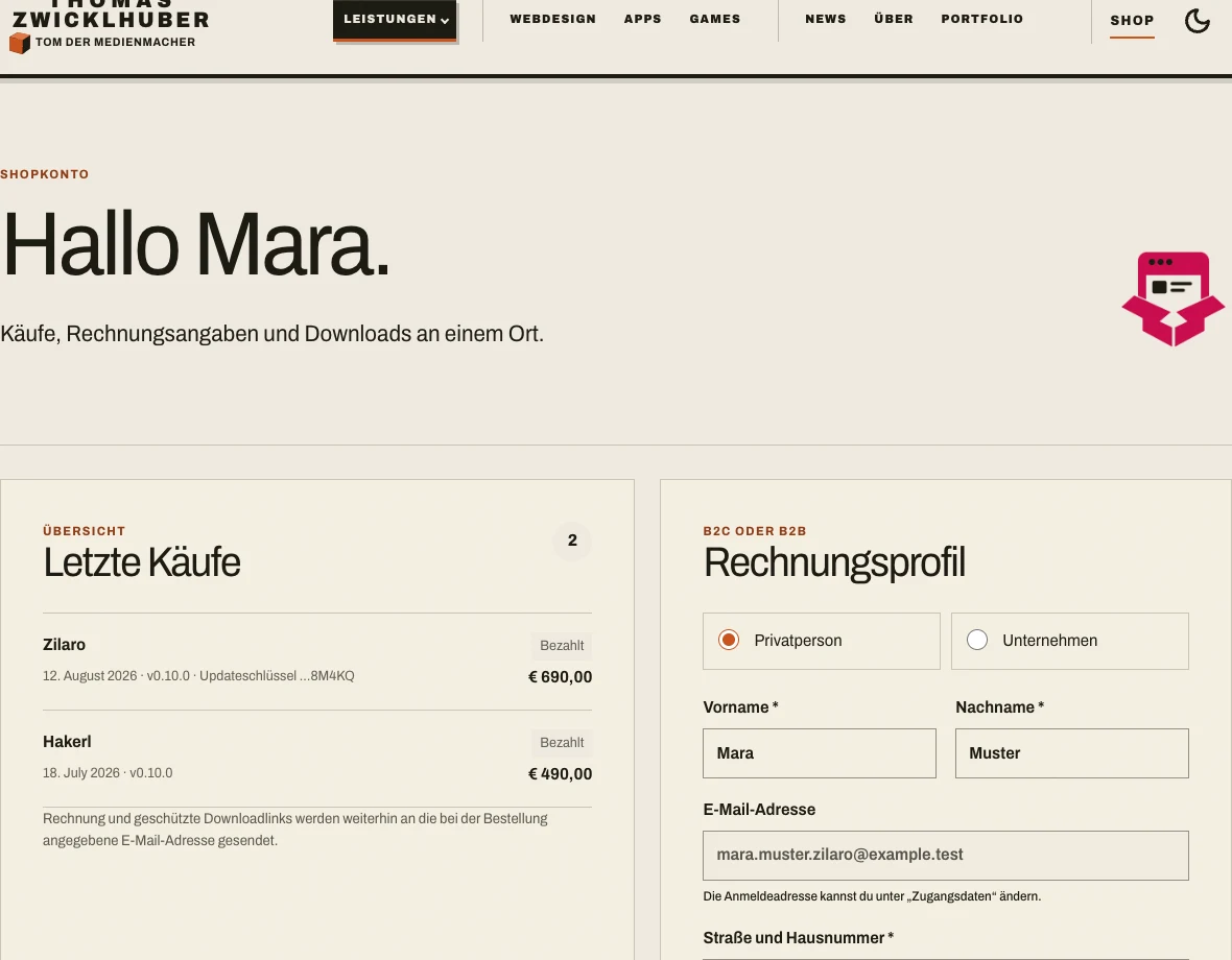 Zilaro Shopkonto mit synthetischen Bestellungen, Rechnungsprofil und maskiertem Updatezugang