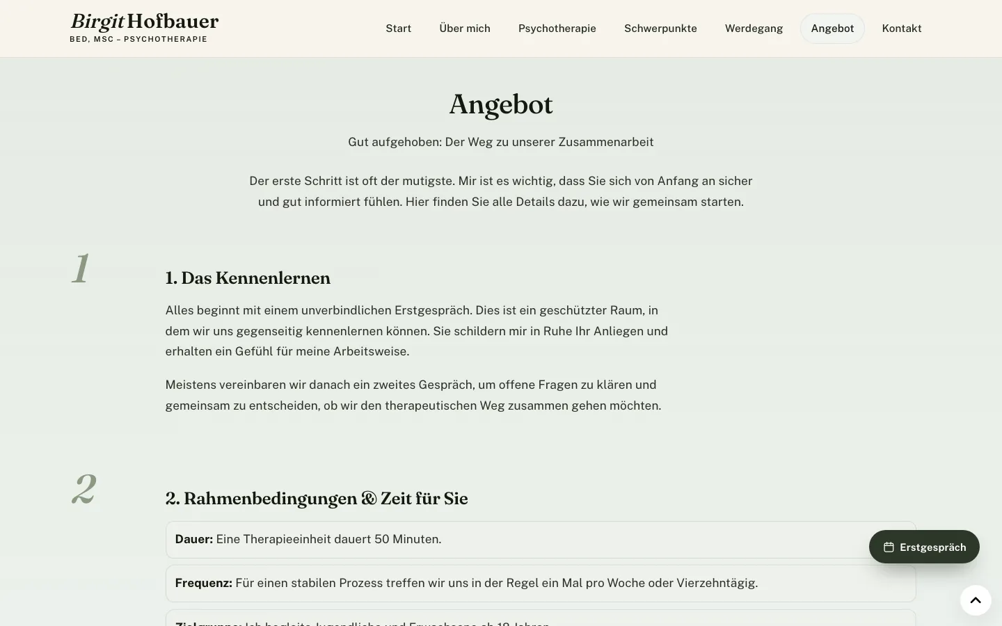 Angebotsbereich von Birgit Hofbauer mit verständlichem Ablauf