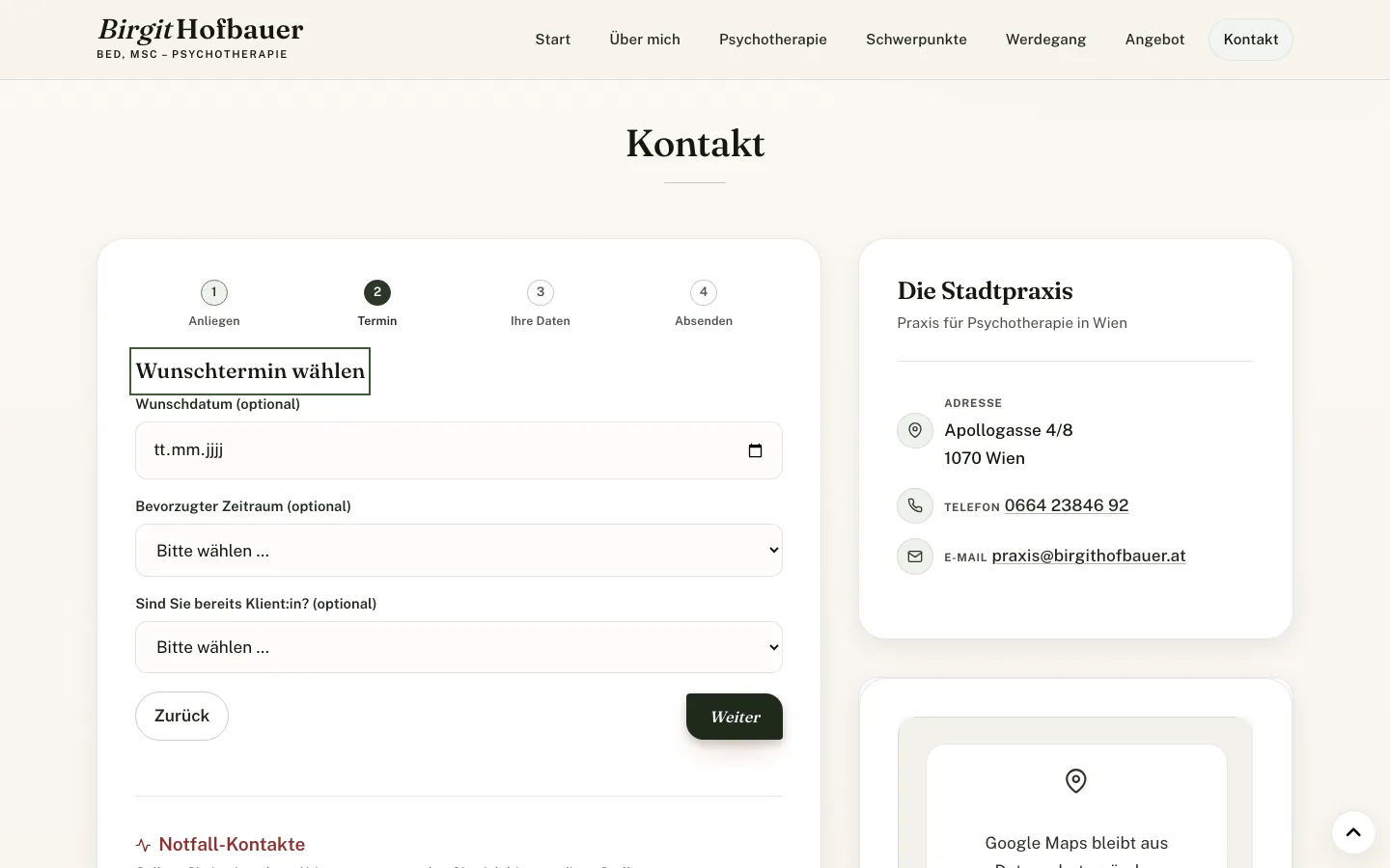 Kontaktbereich von Birgit Hofbauer mit Terminwunsch und Praxisdaten