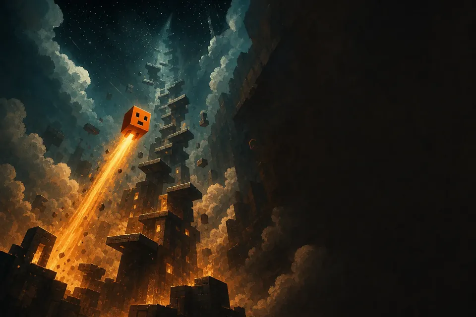 Cuby steigt als orangefarbener Würfel durch Wolken und schwebende Plattformen auf